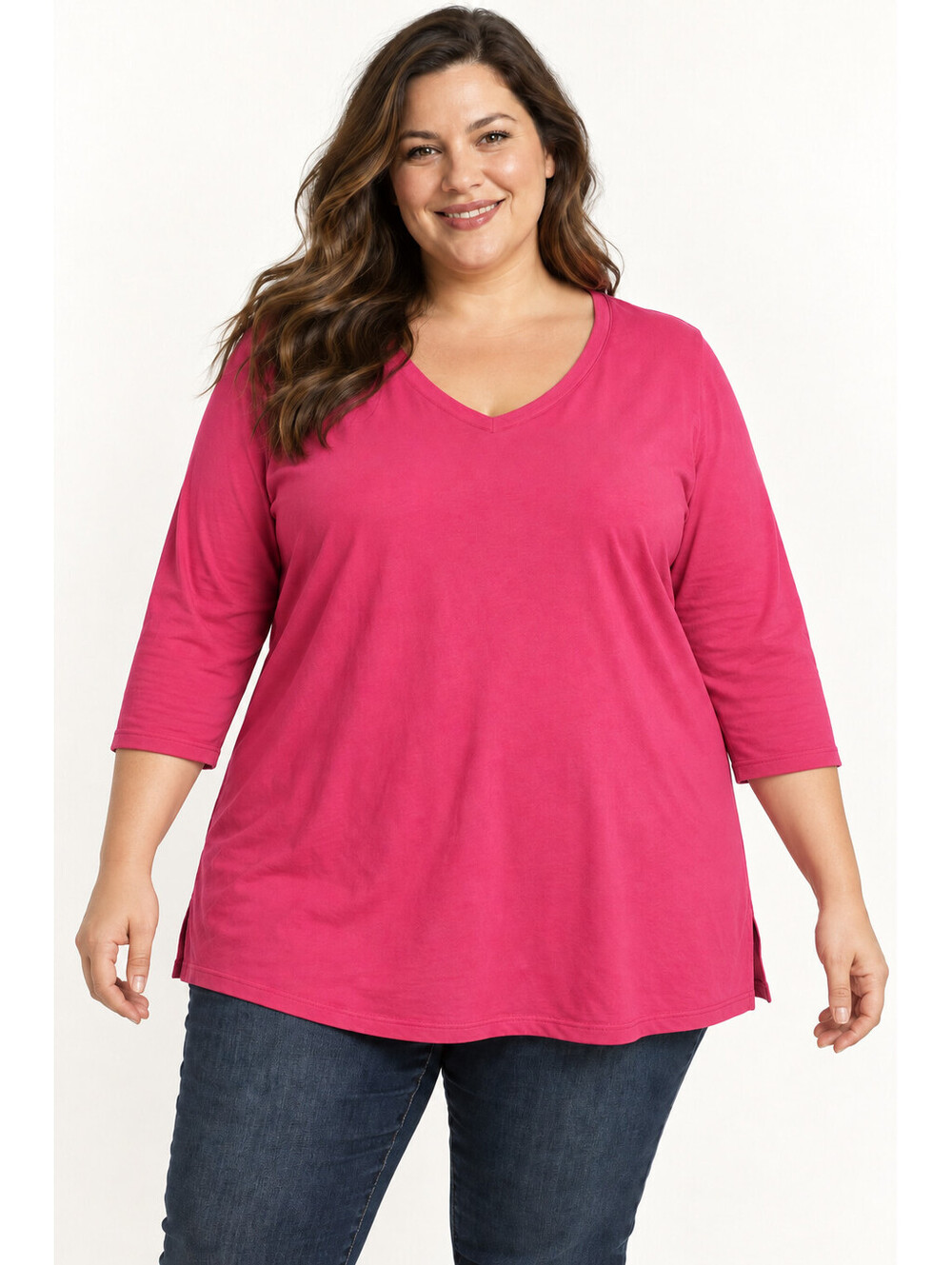 Lane Bryant Plus 26/28 Hot Pink Cotton V Neck 3/4 Sleeve Side Slit Tunic